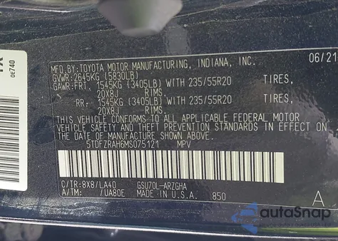 2021 Toyota Highlander Platinum z USA, uszkodzony, nr VIN 5TDFZRAH6MS075121